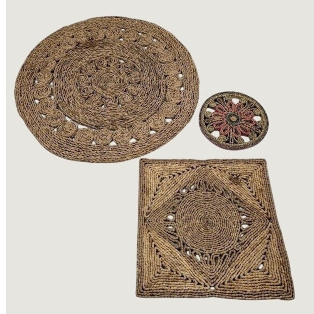 Vintage Woven Wicker Jute Straw 7" Trivet 12" Mat 20" Centerpiece Boho Natural